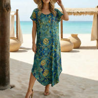 Vestido De Verano Para Mujer plus Talla Con Estampado Floral Cuello Redondo Manga Corta Casual De Vacaciones Largo Con Bolsillos A-Line Midi - details 3