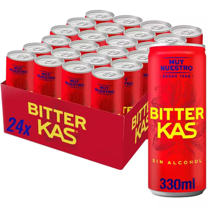 BITTER KAS Refresco con sabor amargo sin alcohol, pack de 24 latas de 330 ml, 7.92 litros en total (Con o sin Regalo) - 1