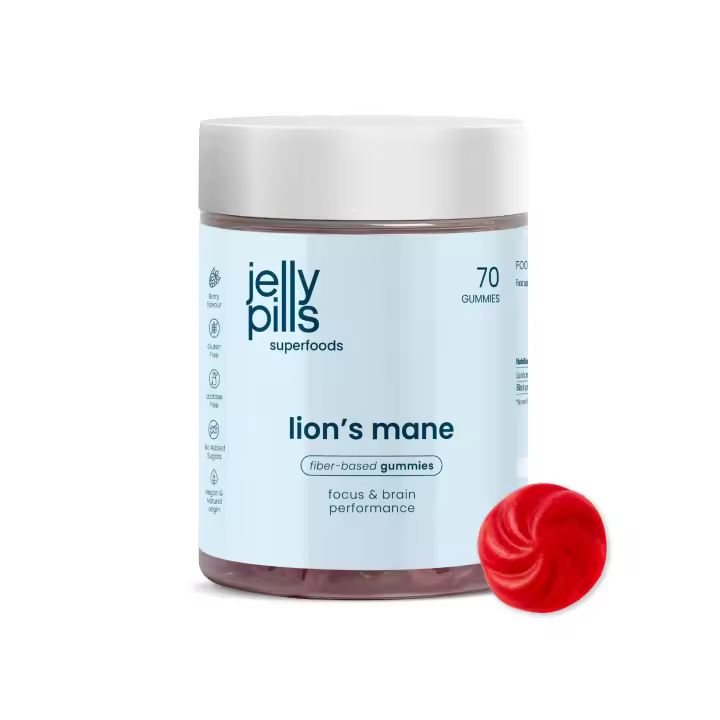 Jelly Pills Gominolas de Melena de León con Pimienta Negra - Fuente de Hongos Funcionales - 70 Gummies Veganas - Sin Azúcares Añadidos - Sabor Bayas Natural - Memoria y Concentración - 1