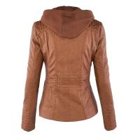 Chaqueta De Cuero Sintético Para Mujer Estilo Motociclista Con Capucha Negro Otoño-invierno Cierre De Cremallera Largo Regular - details 7