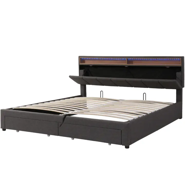 Cama Tapizada 180x200 cm con LED, Almacenaje Hidráulico, Cajones y Cabecero con Compartimentos, Gris - 1