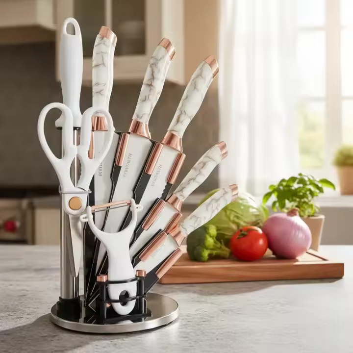 SET DE CUCHILLAS - 9 PIEZAS - SHIRO - SH-P8809 - CUCHILLO DE CARNICERO - CUCHILLO DE COCINERO - CUCHILLO DE PAN - CUCHILLO UNIVERSAL - CUCHILLO DE FRUTA - AFILADOR DE CUCHILLOS - TIJERAS - PELADOR DE PAPAS - 1