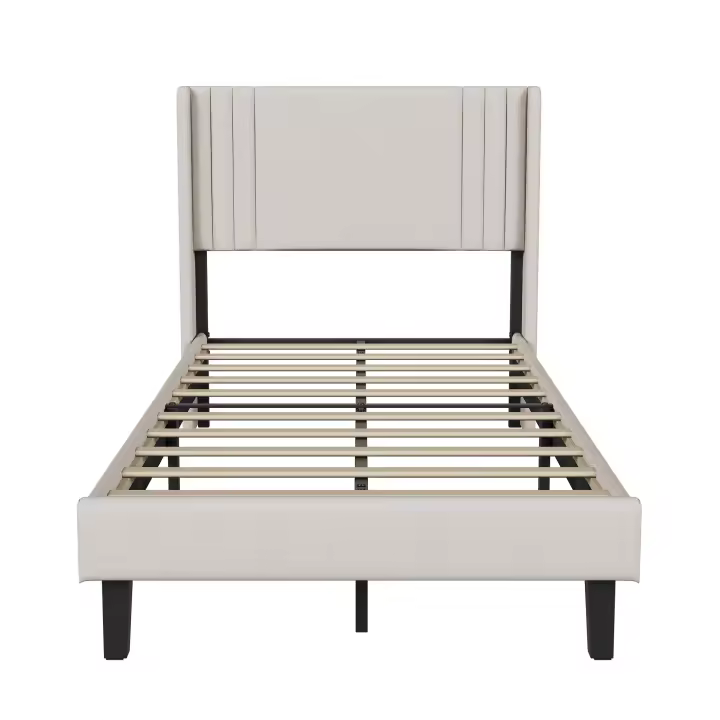 Cama individual 90x200 cm tapizada en lino beige con cabecero acolchado, somier de láminas y estructura metálica reforzada - 1