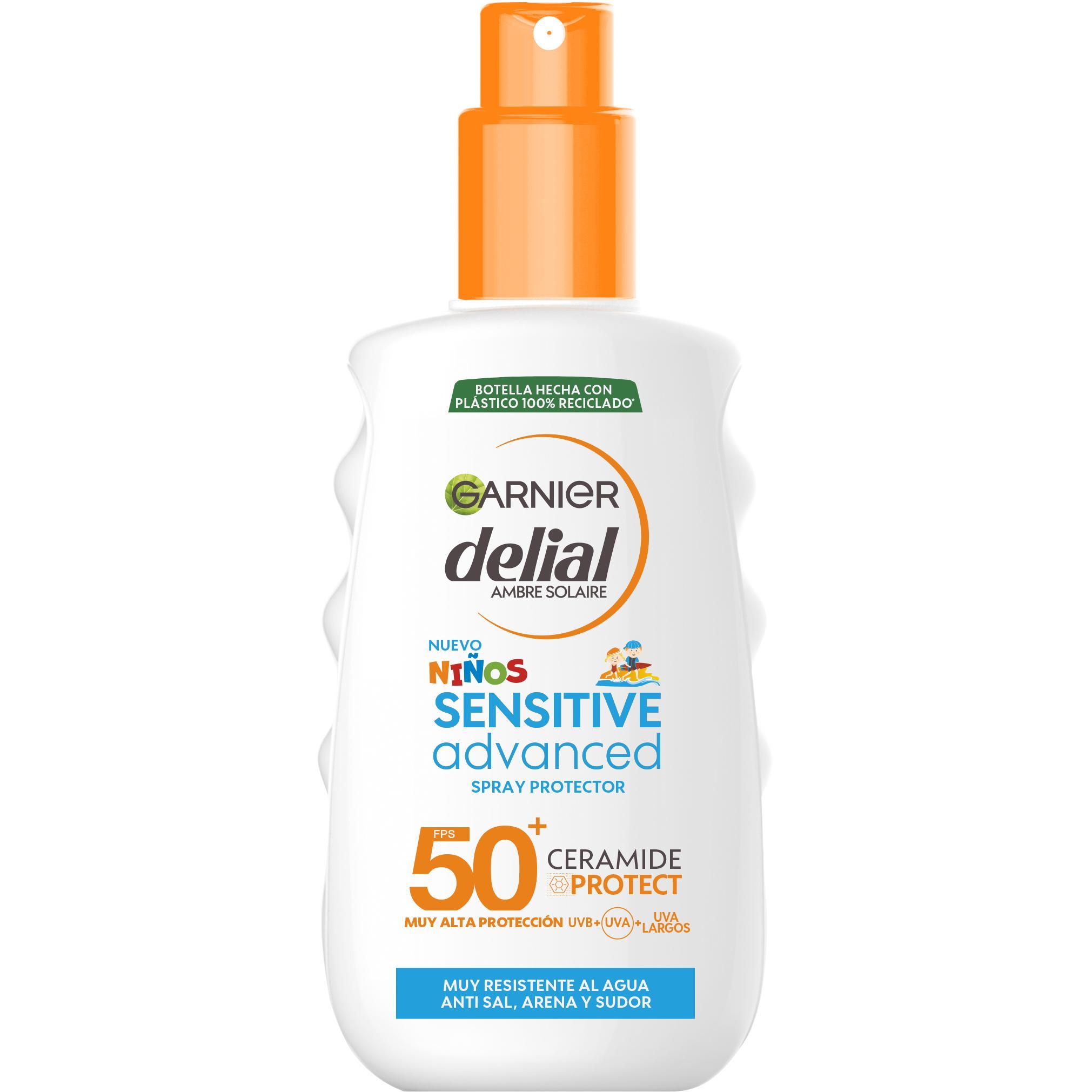 Garnier Delial Niños Sensitive Advanced Spray Protector Solar para pieles claras, sensibles e intolerantes al sol. Muy resistente al agua, sol y cloro. SPF50+. Testado bajo control pediátrico - 150 ml.