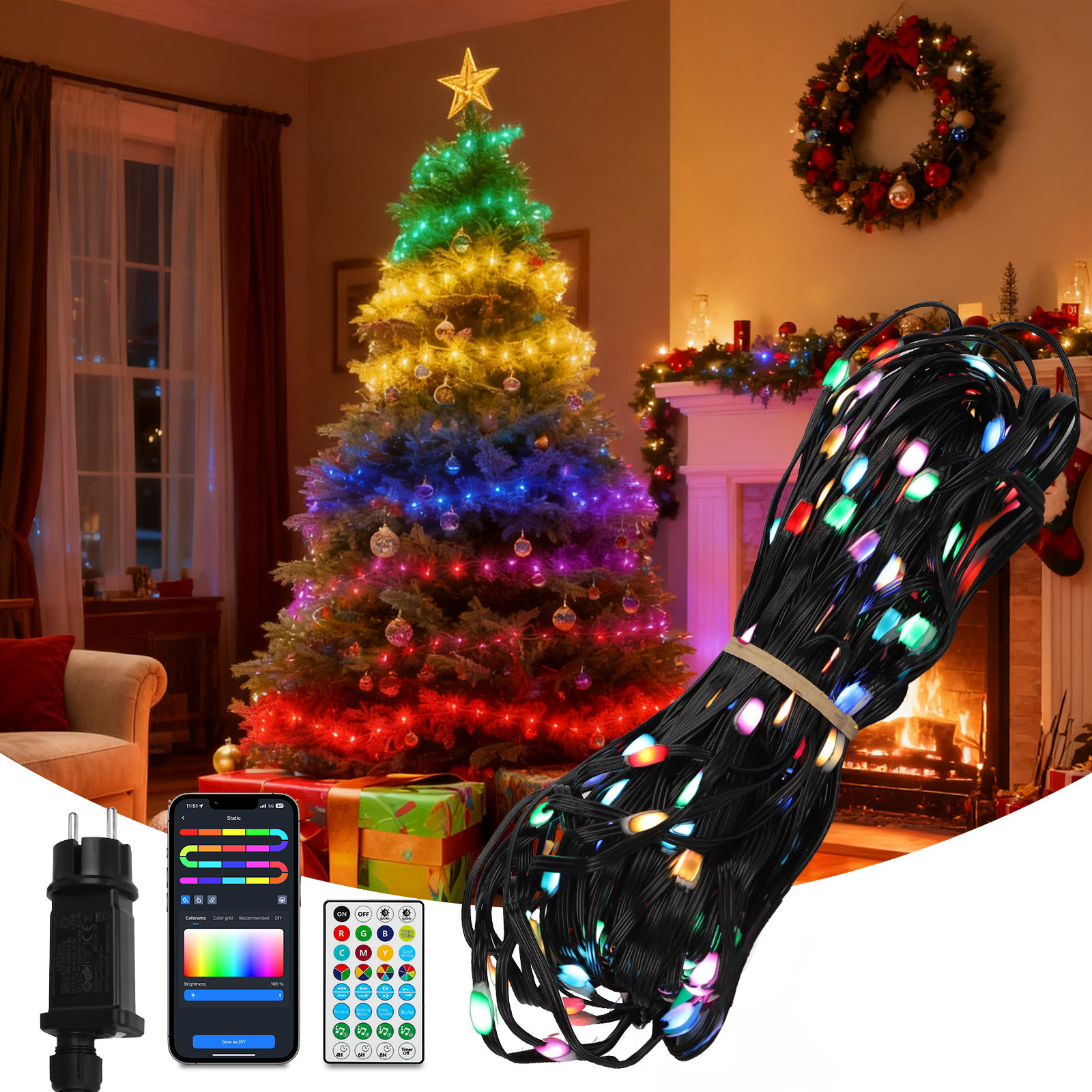 Aigostar Luces Navideñas Inteligentes RGBIC, Tira LED 10M 100LED, Control por Segmentos, APP y Mando, Sincronización Musical, 39 Efectos Dinámicos, 150 Escenas, Impermeable, para Decoración de Fiestas de Halloween