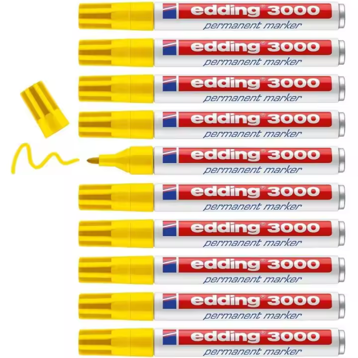Edding 3000 marcador permanente Negro,Rojo,Azul,Verde,Amarillo,Naranja - 10 rotuladores - punta redonda 1,5-3 mm - indeleble de secado rápido - resistente al agua y a los borrones - cartón, plástico, madera, metal - universal calidad garantizada - 1
