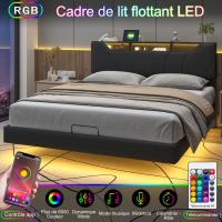 Cama tapizada 160x200 cm de PU negro con LED RGB, cabecero con estantes y puertos USB/Type-C, somier de láminas, almacenaje abatible, efecto flotante, sin colchón - details 3