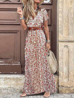 Vestido Bohemio De Manga Corta Con Cuello En V Y Cinturón Para Mujer Vestido Largo Floral Para Vacaciones De Verano - details 5