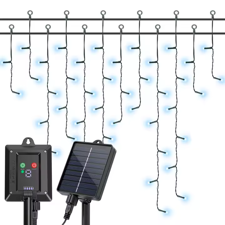 Aigostar Cortina de luces navideñas solares para exteriores, 3M+5M*0.6M 100 LED 8 modos, cortinas de luz navideñas para exteriores, IP65, visualización del nivel de batería, para bodas, fiestas. - 1