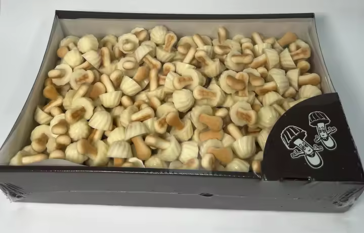 FUNNY MUSHROOMS GALLETAS CON FORMA DE SETITA CON CHOCOLATE BLANCO ESTUCHE 1 KG. (250 piezas) MILTONAS - 1