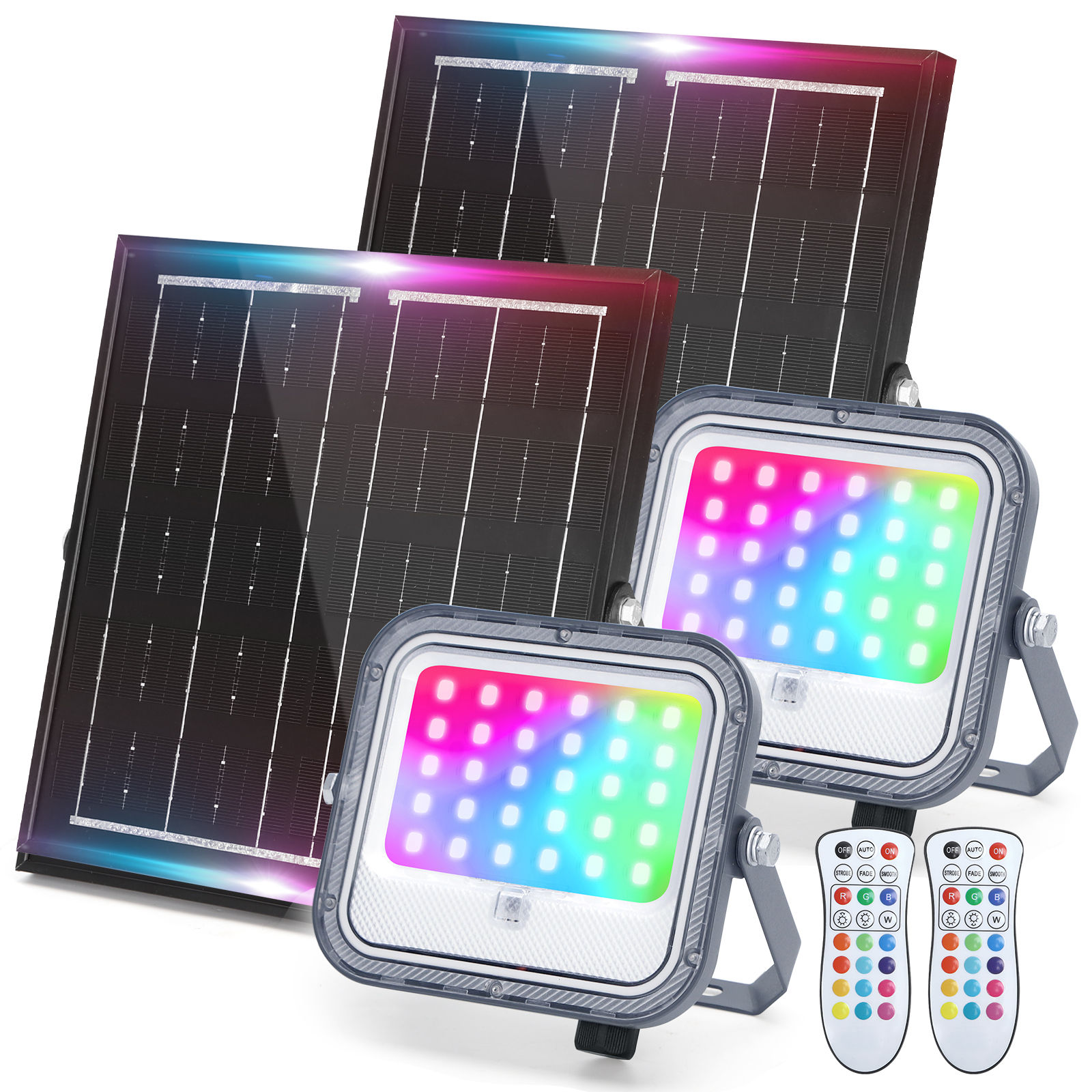 Aigostar Focos LED Exterior Solares RGBW, Cambio de Color 200W, Foco RGB+6500K y 3 Modos, Regulable, Control Remoto, IP66 Impermeable, Proyector LED RGB para Fiestas Jardín Terraza, 2 pcs(1)