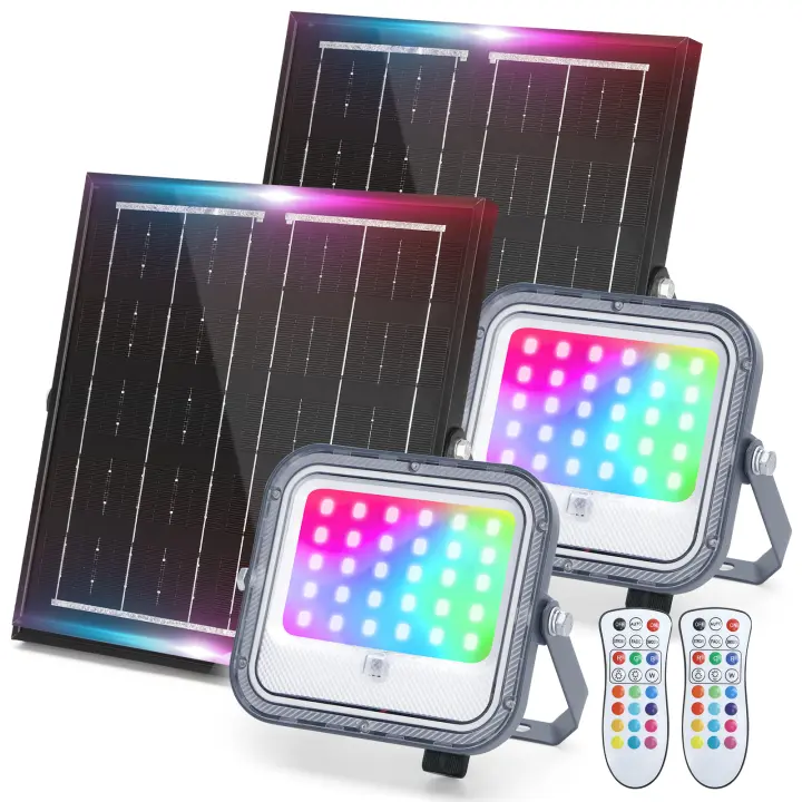 Aigostar Focos LED Exterior Solares RGBW, Cambio de Color 200W, Foco RGB+6500K y 3 Modos, Regulable, Control Remoto, IP66 Impermeable, Proyector LED RGB para Fiestas Jardín Terraza, 2 pcs(1) - 1