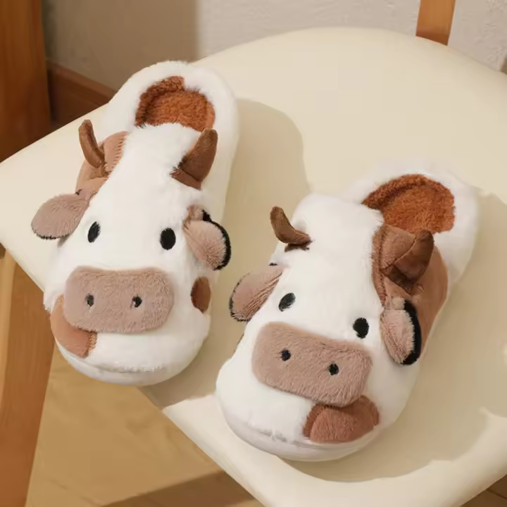 Nuevos Pantuflas De Peluche Cálidas Para El Invierno Con Dibujos De Vaca Neutra Para Parejas Antideslizantes Para El Hogar Para Hombres Y Mujeres Pantuflas De Algodón Con Plataforma - 1