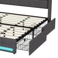 Cama tapizada capitoné con LED, puertos USB y Type-C, 4 cajones de almacenamiento, lino, beige y gris, 140x200 cm / 160x200 cm / 180x200 cm - details 6