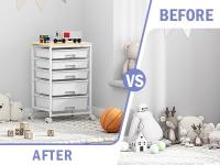 Carro de baño con 5 cajones, carro de cocina con ruedas con tablero de mesa de madera, para cocina, salón, dormitorio, oficina, blanco - details 6