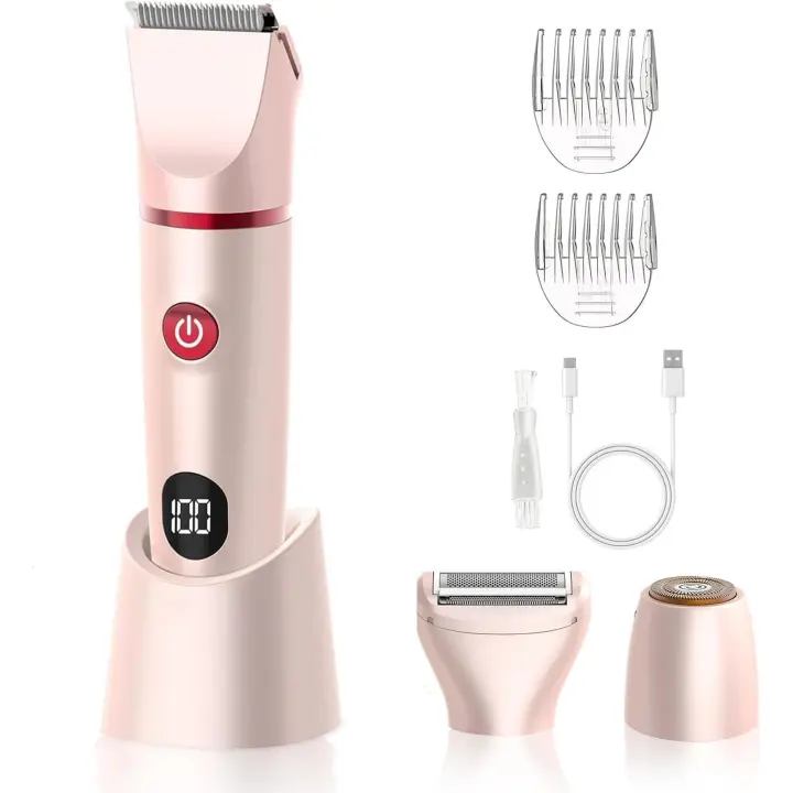 Recortadora de bikini 3 en 1 para mujer, afeitadora eléctrica para cabello público, recortadora de vello corporal recargable, kit de extracción desmontable portátil, lPX7 impermeable ligero con - 1
