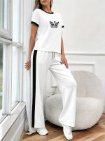 Conjunto De Camiseta Y Pantalones De Mujer Estilo Casual Con Diseño De Mariposa Corto Y Cómodo Para Primavera Y Verano Ropa Campus Callejera Romántica Con Cuello Redondo Y Pierna Recta - details 1
