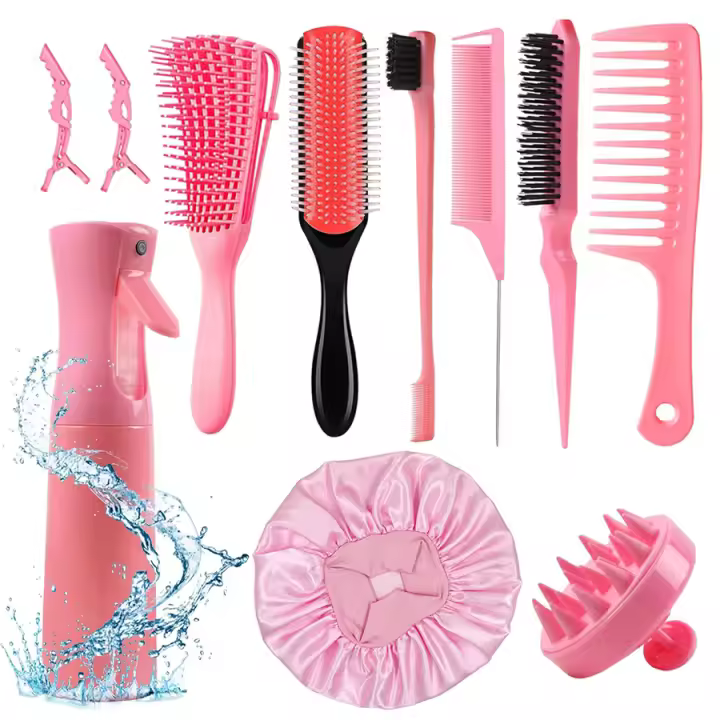 Set De 11 Peine Para Cabello Rizado Con Botella De Spray Peine Desenredante Masajeador De Escalpelo Herramienta De Peluquería Profesional - 1