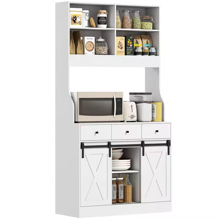 HOMCOM Alacena de Cocina Mueble Auxiliar de Cocina con 2 Puertas Corredizas 3 Cajones Encimera para Microondas y Estantes Ajustables Estilo Granja Blanco 93,5x40x180 cm - 1