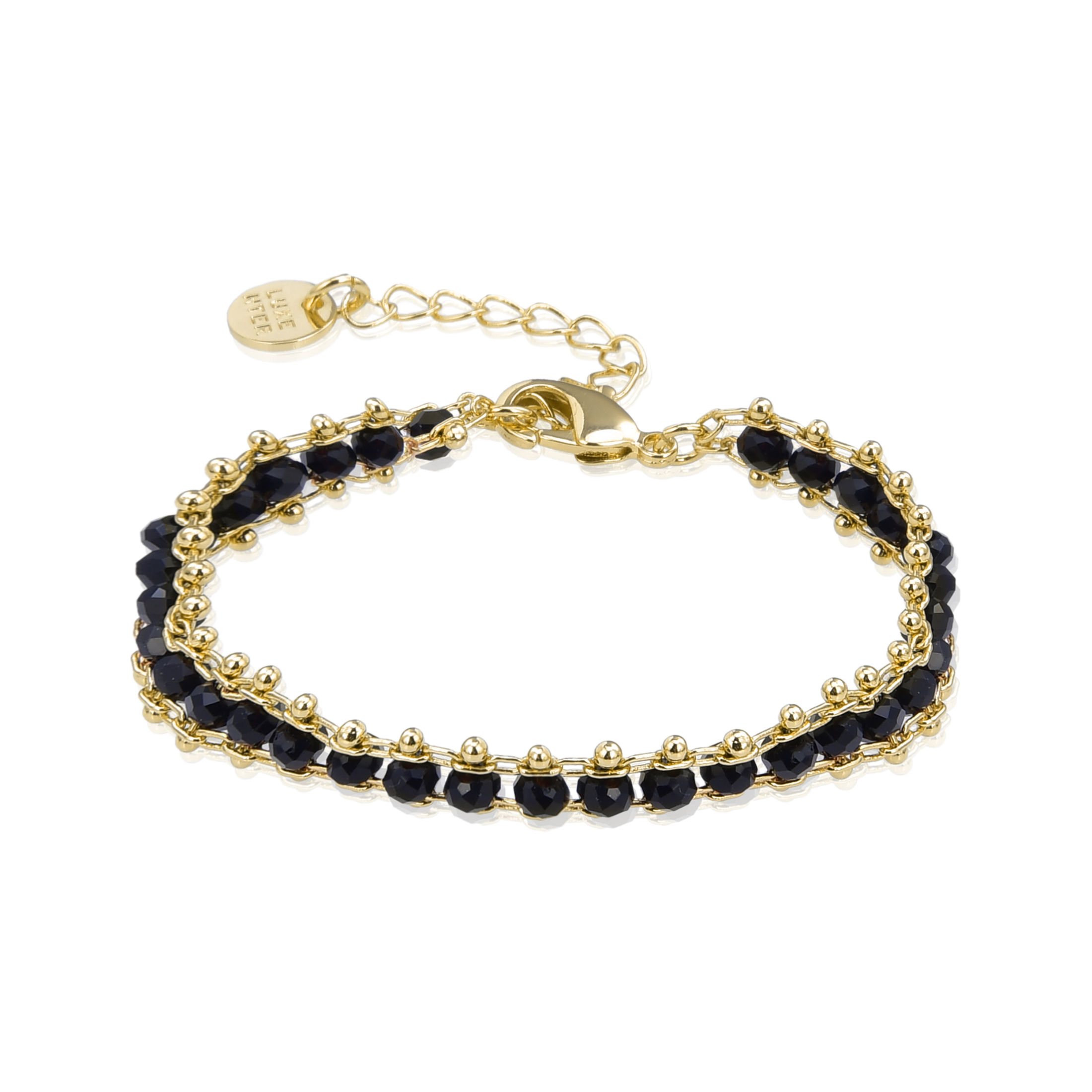 Pulsera Luxenter, lailai de plata de ley 925 y cristal negro con acabado en baño de oro amarillo de 18 quilates