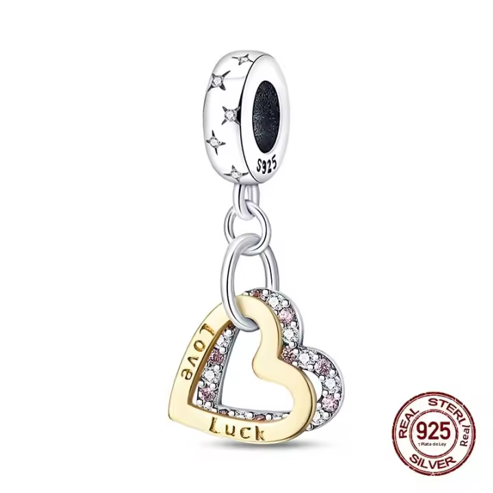 Encantos De Plata De 925 Doble Corazón Para Pulsera Joyas De La Suerte Para Mujer Regalos De Joyería Con Zirconia Irregular - 1
