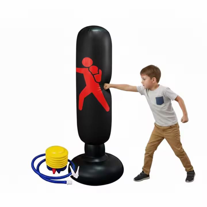 JOWY Saco de Boxeo Inflable. Saco de Boxeo de pie para Niños con hinchador Incluido. Base de Relleno con Agua o Arena, sujeción. 160cm Alto. (Negro) - 1