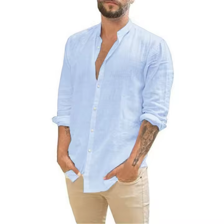 Camisa De Algodón Y Lino Para Hombre Estilo Playa Casual De Cuello Erguido De Color Sólido Talla Grande Manga Larga Para Verano - 1