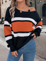 Suéter De Manga Larga Casual De Otoño E Invierno Para Mujer Con Rayas Y Color Contraste Hombros Descubiertos Cierre De Metal Ajustable - details 0