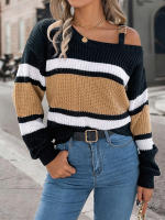 Suéter De Manga Larga Casual De Otoño E Invierno Para Mujer Con Rayas Y Color Contraste Hombros Descubiertos Cierre De Metal Ajustable - details 14