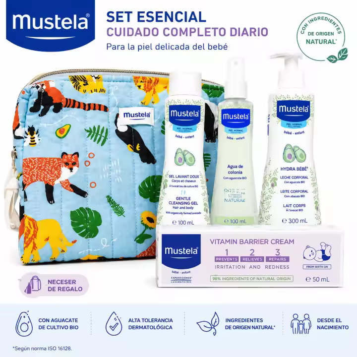 Mustela - Neceser Jungla con 4 productos básicos para bebé desde el nacimiento: crema bálsamo, gel baño suave, leche corporal hidratante y agua de colonia sin alcohol - 1