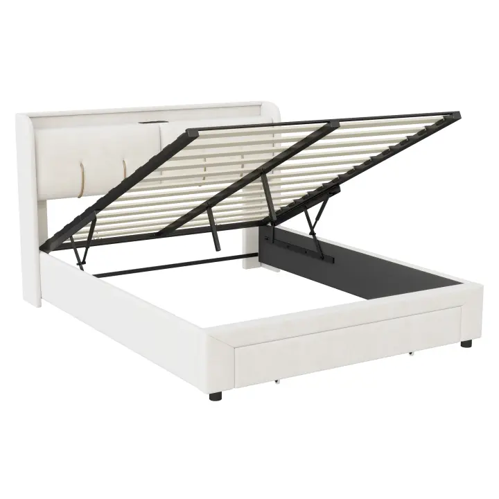 Cama con arcón abatible 140x200/160x200 cm, tapizada en terciopelo blanco capitoné, con LED, USB Type-C y somier de lamas - 1