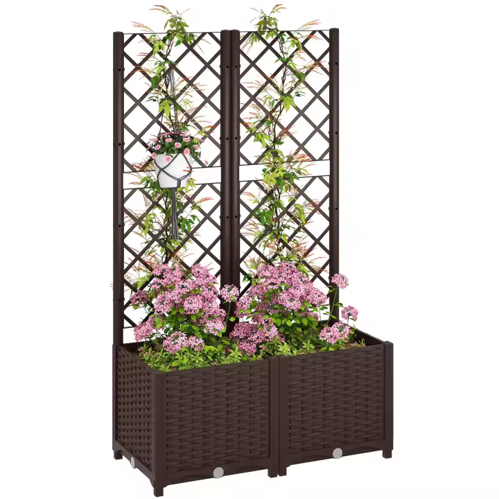 Outsunny Jardinera con Enrejado de PP Jardinera Exterior Grande con Drenaje y Amplio Espacio para Plantas Trepadoras Macetero con Soporte para Jardín Patio Terraza 80x40x135 cm Marrón - 1