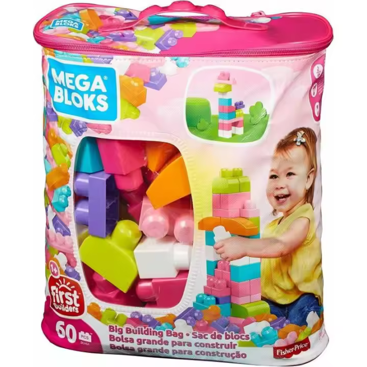 Mattel Bolsa Clásica Rosa con 60 Bloques de Construcción y Formas Especiales para Torre Altas, Castillos Increíbles y Animales Divertidos - 1