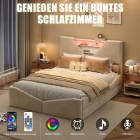 Cama tapizada 160x200 cm con cabecero almacenaje, cajones y luces LED, terciopelo beige, almacenamiento práctico - details 2