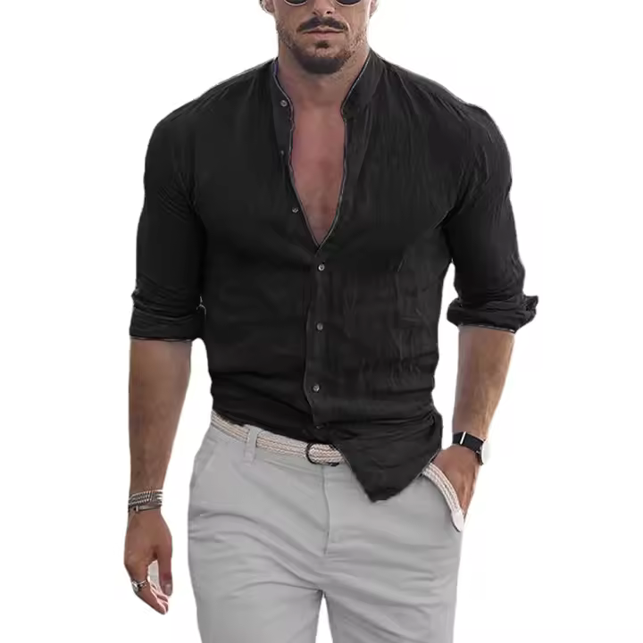 Camisa De Algodón Y Lino Para Hombre Cuello Mandarin Manga Larga Suéter Casual Primavera Otoño Moda Top Libre Talla - 1