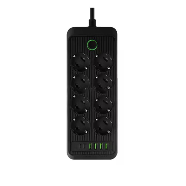 Regleta de Enchufes Múltiple con 8 Tomas Schuko, 4 Puertos USB y 2 USB Tipo C, Potencia Máxima 2500W (110–240V), Cable de 2 Metros, Interruptor General con Luz, Protección contra Sobrecargas para Hogar y Oficina - 1