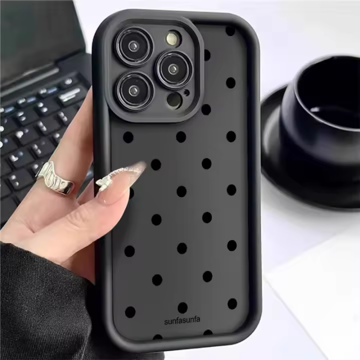 Funda De Teléfono Negra Con Patrón De Puntos Para iPhone 17 16 pro Max 16E 15 14 13 12 11 XS X XR 6 7 8 plus Material TPU Suave Y Antigolpes - 1