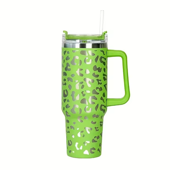 Taza De Viaje Inmunda De 40oz Con Estampado De Leopardo Y Palanca De Acero Inoxidable Reutilizable Para Deportes Al Aire Libre Y Camping - 1