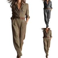 Traje De Mujer Beige Con Cuadros Estilo Camisa Con Cinturón Pantalones Anchos Casual Para Oficina Moda 2026 Traje De Vestido - details 0