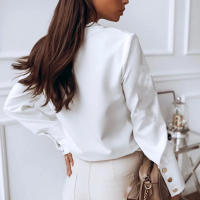 Blusa De Mujer Casual De Manga Larga 2026 Cuello Erguido Oficina Blanco Negro Suéter De Poliéster Y Spandex Cierre Botón - details 2
