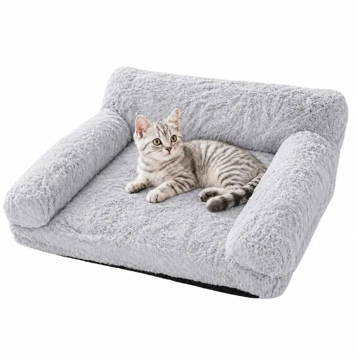 PAWDLE Sofá Cama para Gatos y Perros, Cama para Mascotas con Bordes Elevados y Respaldo, Tejido Felpa Suave Tipo Conejo, Suave Gris, 60 x 45 x 30 cm, Lavable y Transpirable, Super Cómoda, Esponjosa para Dormir los Perros y Gatos Grandes, Medianos, Pequeño - 1