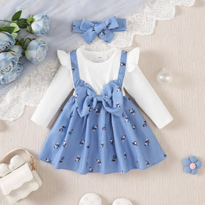 2PCS Vestido De Princesa Para Bebé Girla 0-2 Años Con Manga Larga Estampado De Flores Gran Lazo Vestido De Moda Para Bebé Niña Otoño - 1