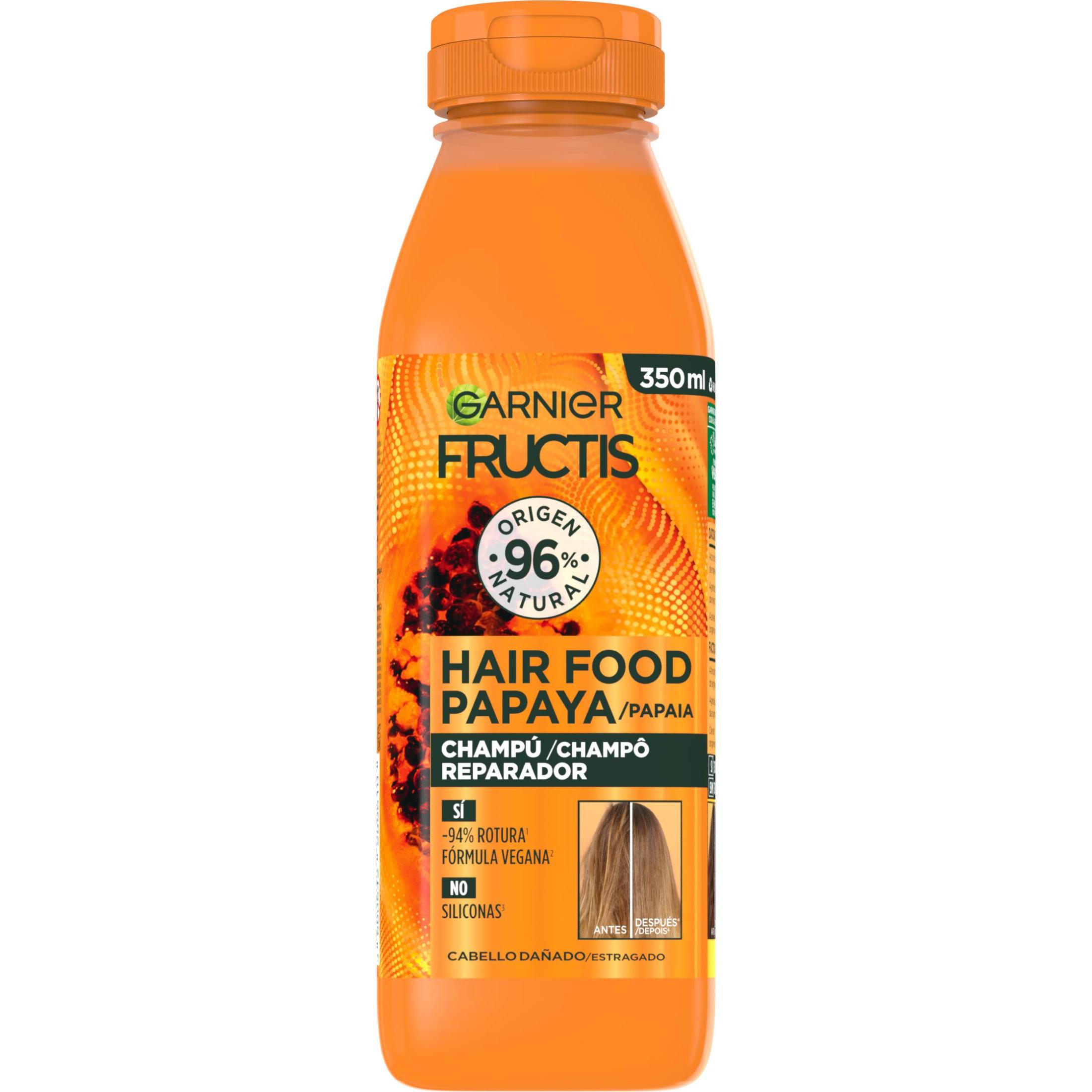 GARNIER Fructis Hair Food Papaya Sets de Champú, Acondicionador o Mascarilla 3 en 1 para Cabello Dañado