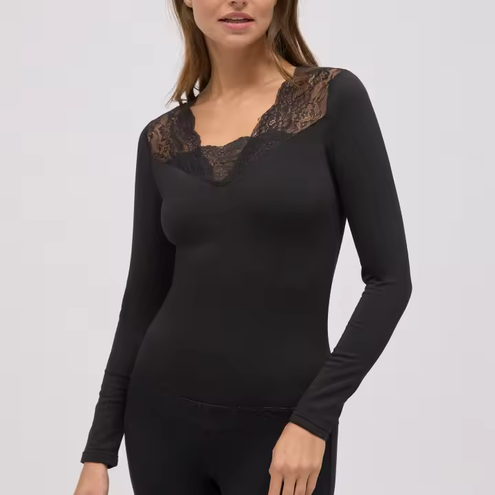 Ysabel Mora - TÉRMICO Camiseta térmica cuello pico con encaje negro - 1