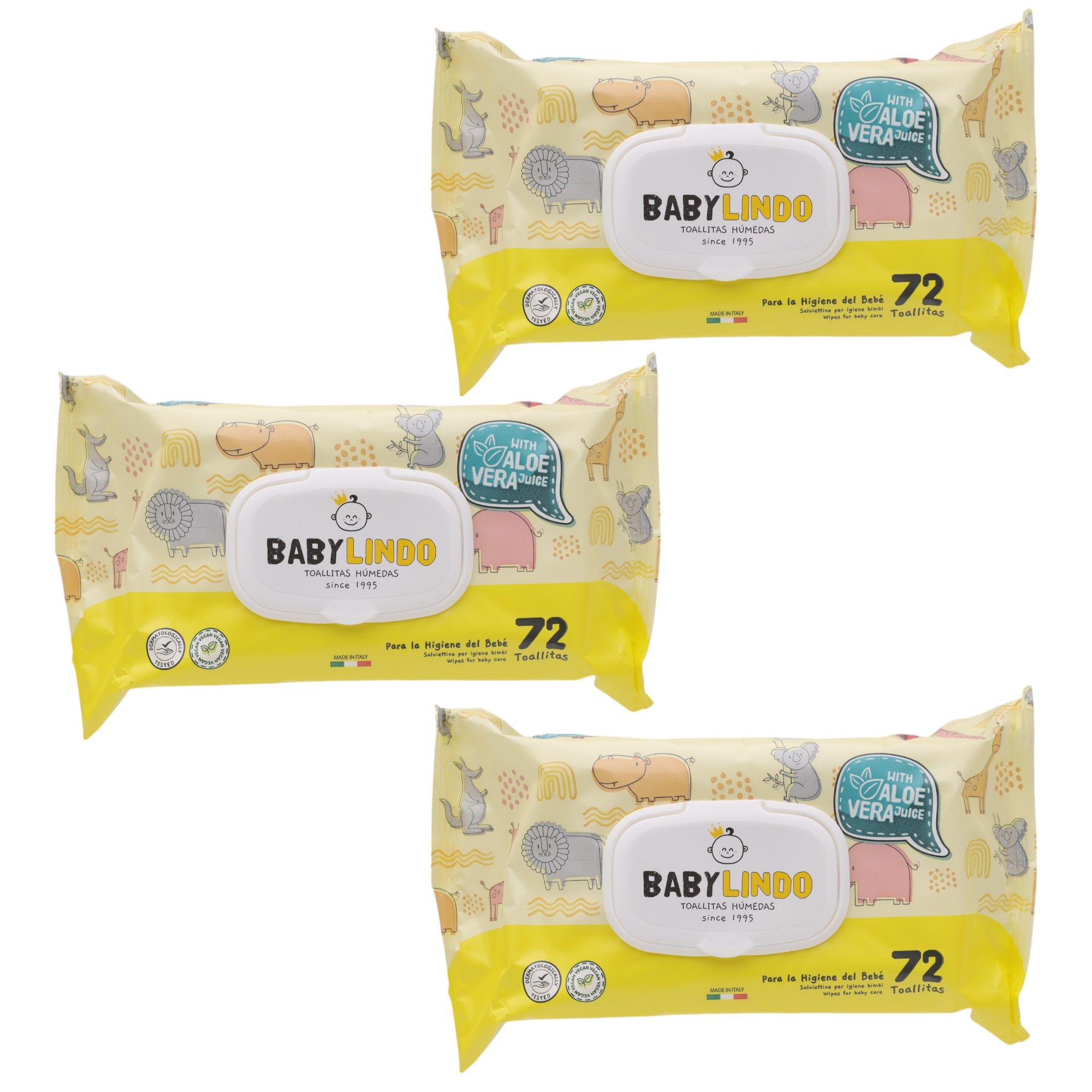Baby Lindo Pack de 3 o 6 Bolsitas de Toallitas bebé de 72 piezas cada bolsa Aloe Vera - El envase puede variar