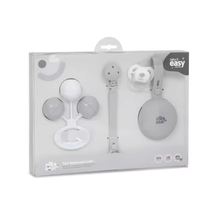 Juego de Regalo para Recién Nacidos: 5 Artículos Esenciales en Silicona Libre de BPA – Chupete, Chupetero, Portachupete y Sonajero en Elegante Caja Transparente, Colores Rosa, Azul y Gris - 1