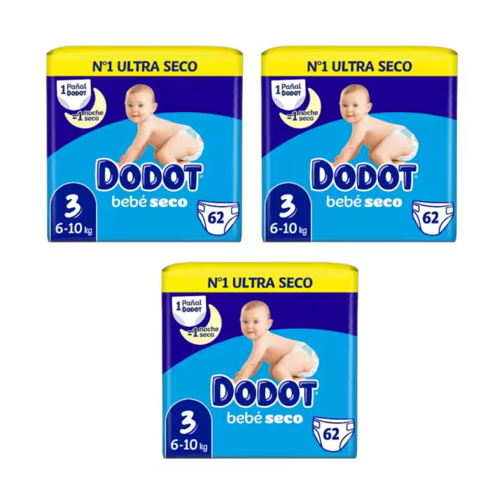 DODOT Bebé Seco Pack de 3 Bolsas de 62 unidades Pañales Talla 3 (Total 186 Pañales) - 1