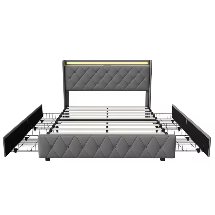 Cama individual 140×200 cm con cabecero acolchado, iluminación LED RGB, puerto USB y Type‑C, 2 cajones de almacenamiento móvile - 1