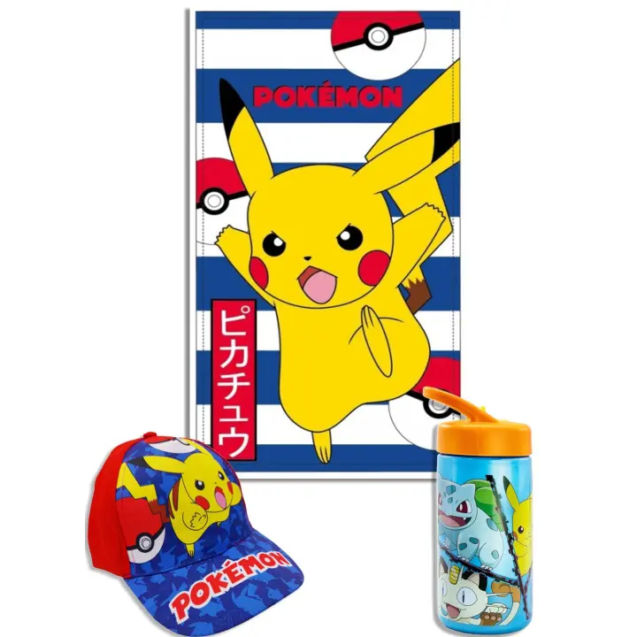 Pack Playa Niño 3 en 1 Toalla Microfibra 140x70 Secado Rápido + Gorra Ajustable + Botella 410ml Set Verano Infantil Piscina Playa Regalo Niños Pokémon Minecraft Stitch Frozen Bluey Dragon Ball Sonic - 1