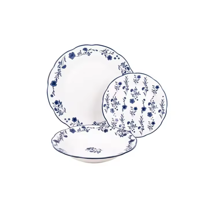 Vajilla Porcelana Flores Azules 18 Piezas | Diseño Artesanal | 6 Personas | 6 Platos Llanos + 6 Platos Pequeños + 6 Platos Hondos - 1